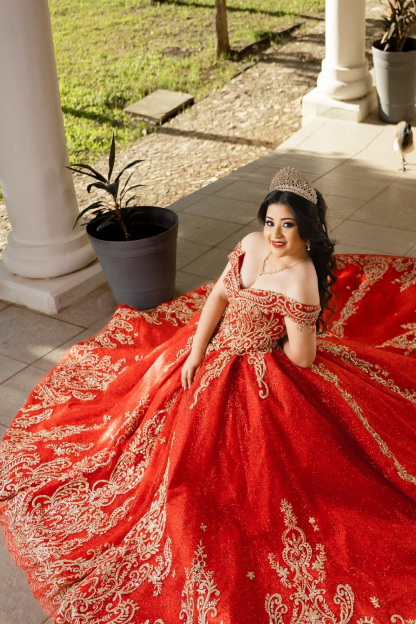Red Sparkle Off-Shoulder Applique Ball Gown for Quinceanera