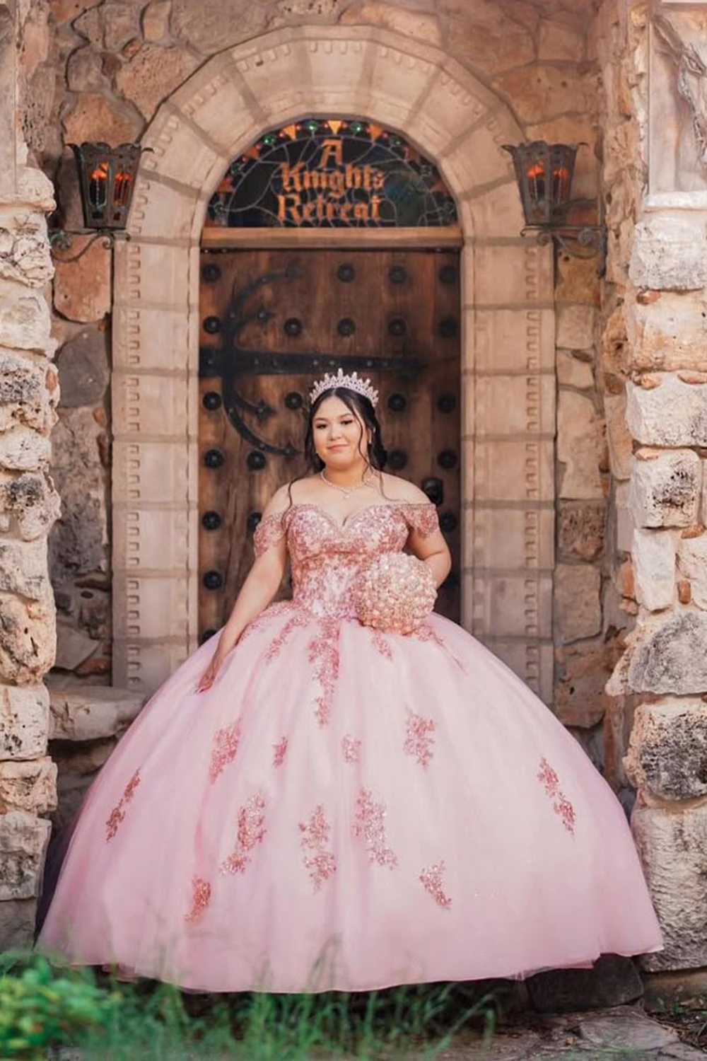 Off the Shoulder Quinceanera Dress in Sparkly Blush Pink with Sequined Appliques and Tulle