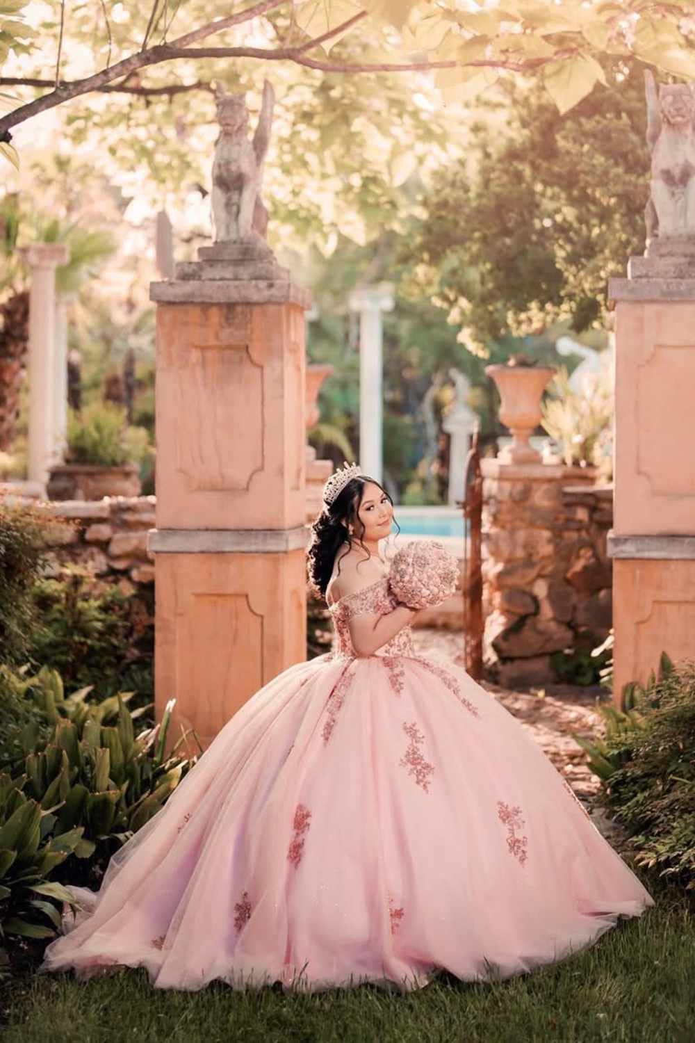 Off the Shoulder Quinceanera Dress in Sparkly Blush Pink with Sequined Appliques and Tulle