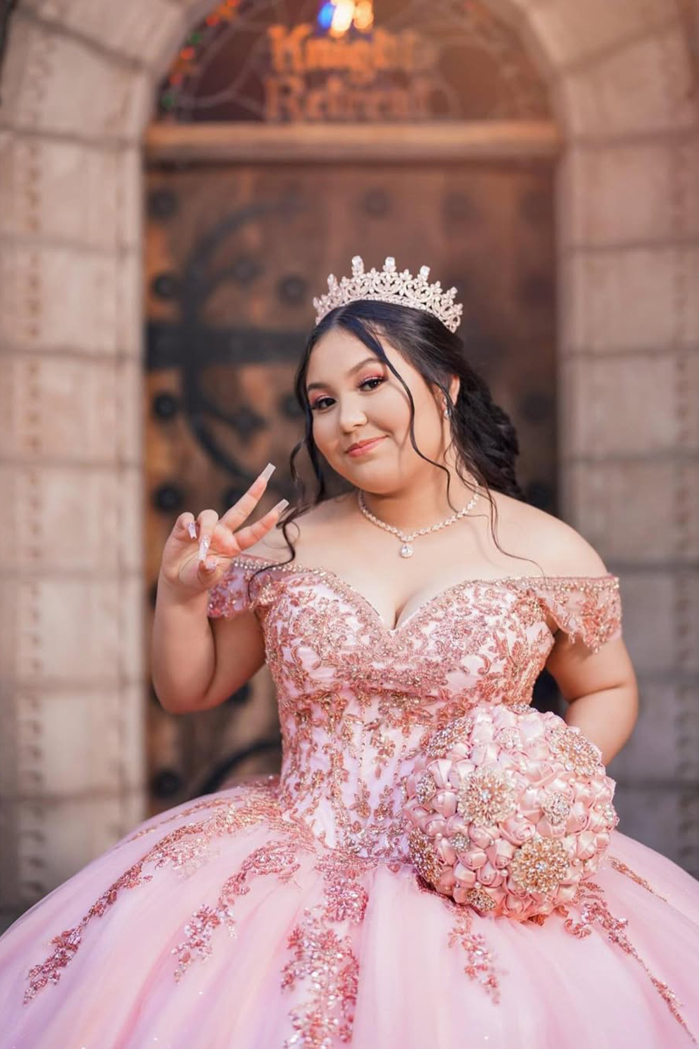 Off the Shoulder Quinceanera Dress in Sparkly Blush Pink with Sequined Appliques and Tulle