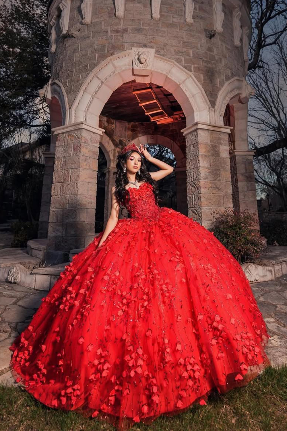 Strapless Red Ball Gown with Sparkly Beaded Flowers and Tulle for Quinceanera