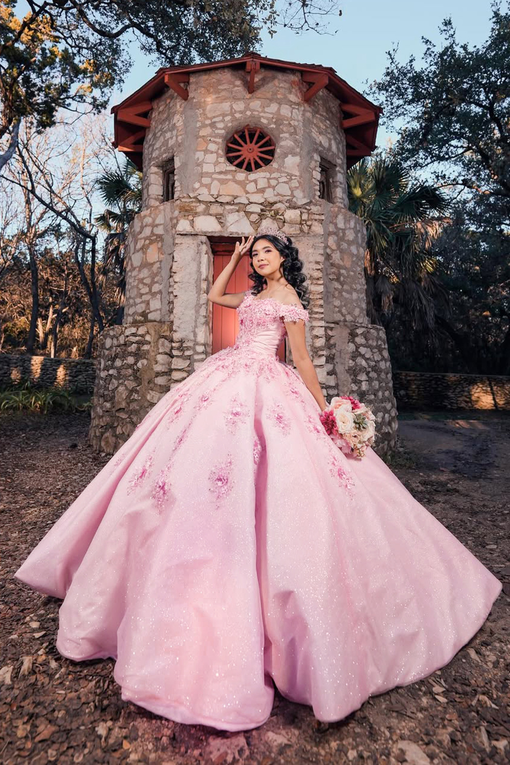 Princess Off-the-Shoulder Quinceanera Dress in Sparkly Candy Pink with Sequin Applique