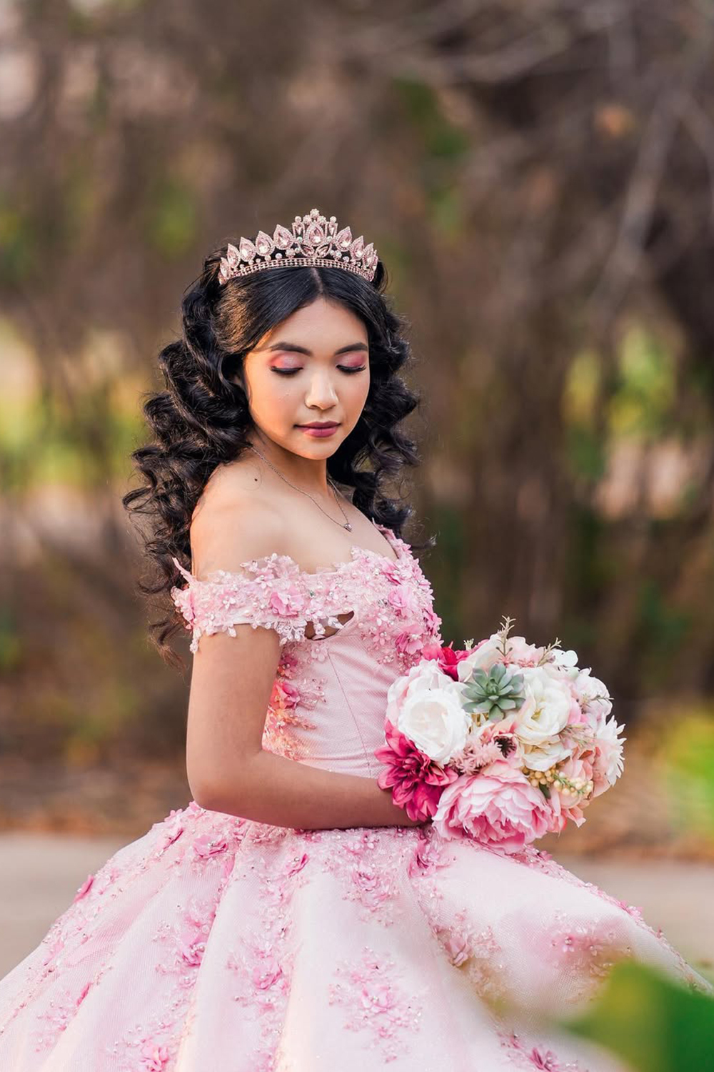 Princess Off-the-Shoulder Quinceanera Dress in Sparkly Candy Pink with Sequin Applique