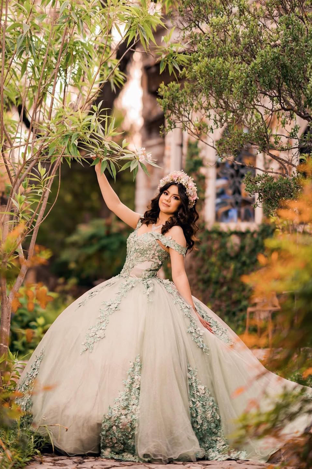 Princess Off-the-Shoulder Quinceanera Dress in Dusty Sage with Applique Tulle