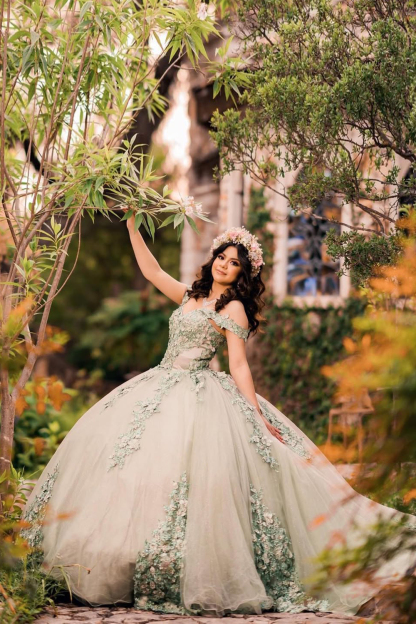 Princess Off-the-Shoulder Quinceanera Dress in Dusty Sage with Applique Tulle