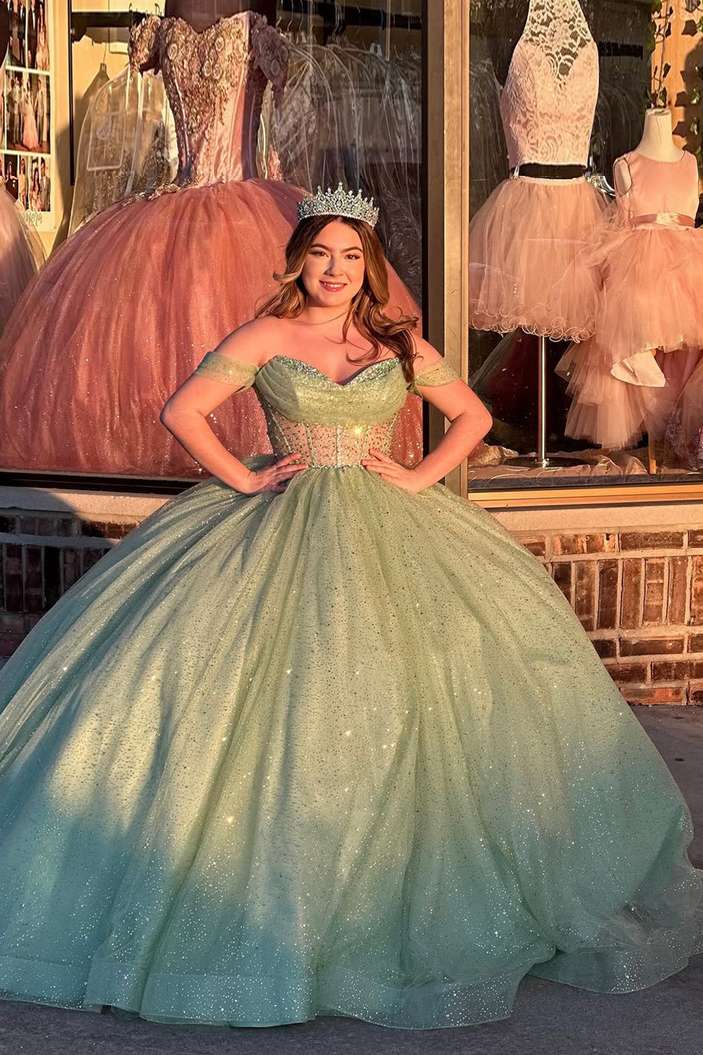 Off-the-Shoulder Sage Ball Gown with Sparkly Sequins and Tulle for Quinceanera