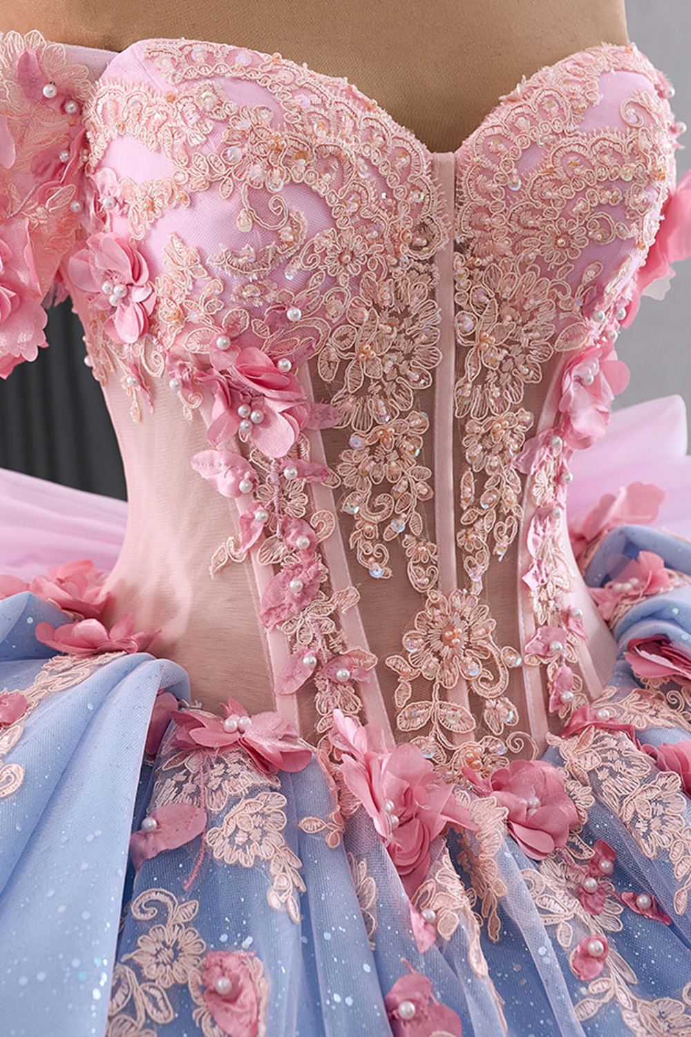 Princess Quinceanera Dress in Blue with Off-Shoulder Design, Beaded Applique, and Pink Bow