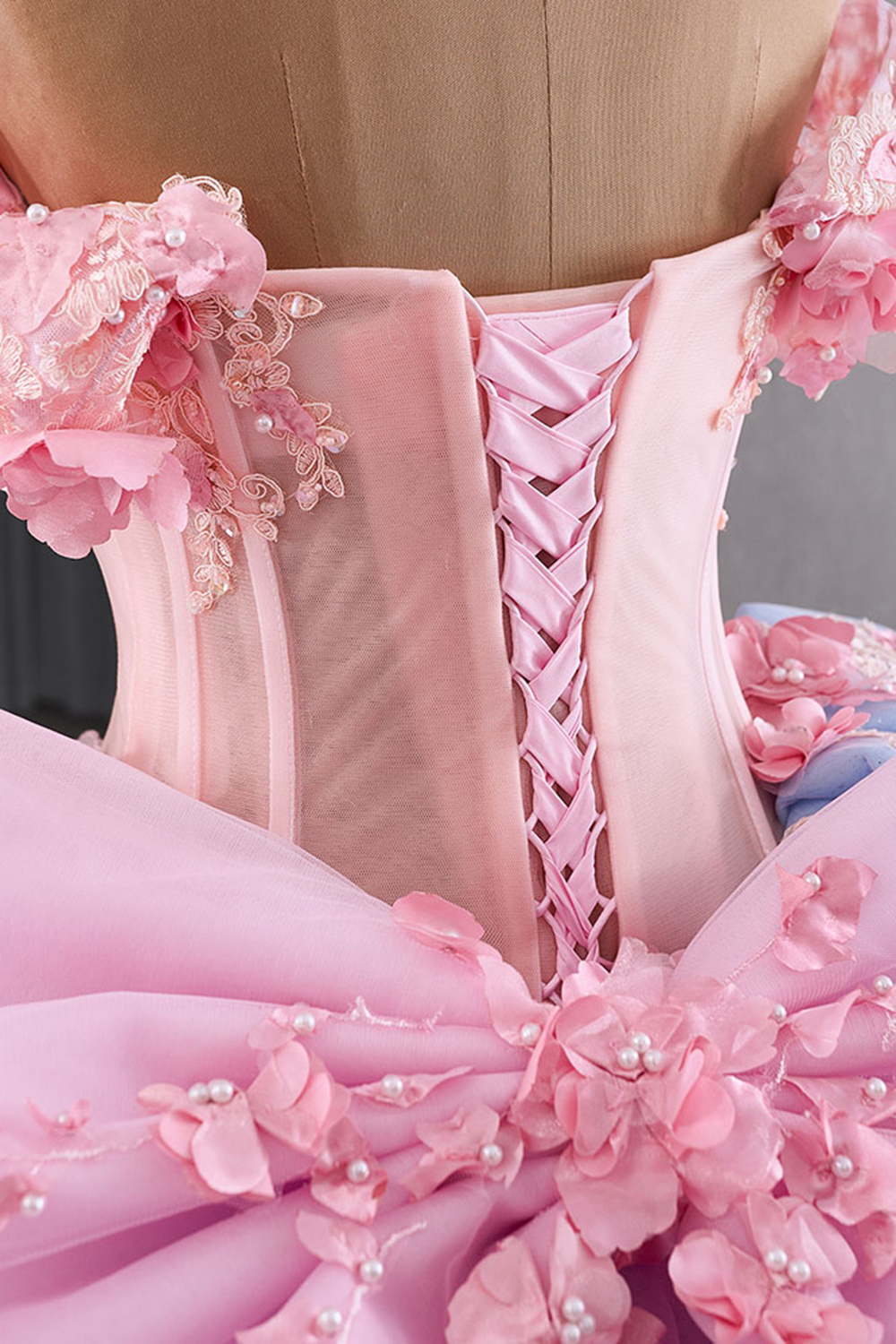 Princess Quinceanera Dress in Blue with Off-Shoulder Design, Beaded Applique, and Pink Bow