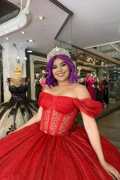 Off the Shoulder Beaded Tulle Quinceanera Dress in Sparkly Red