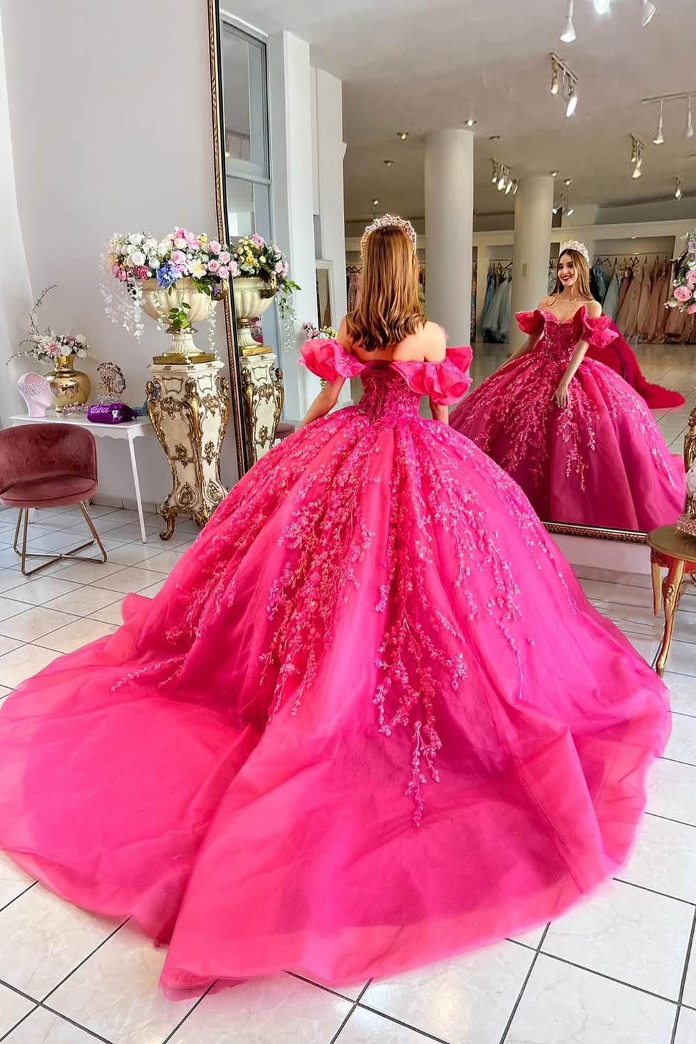 Off the Shoulder Hot Pink Tulle Quinceanera Dress with Sparkly Ruffle and Sequined Appliques