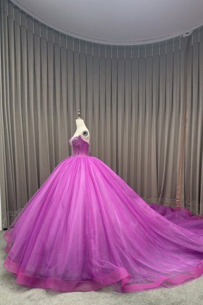 Beaded Fuchsia Tulle Quinceanera Dress with Sparkly Strapless Ball Gown
