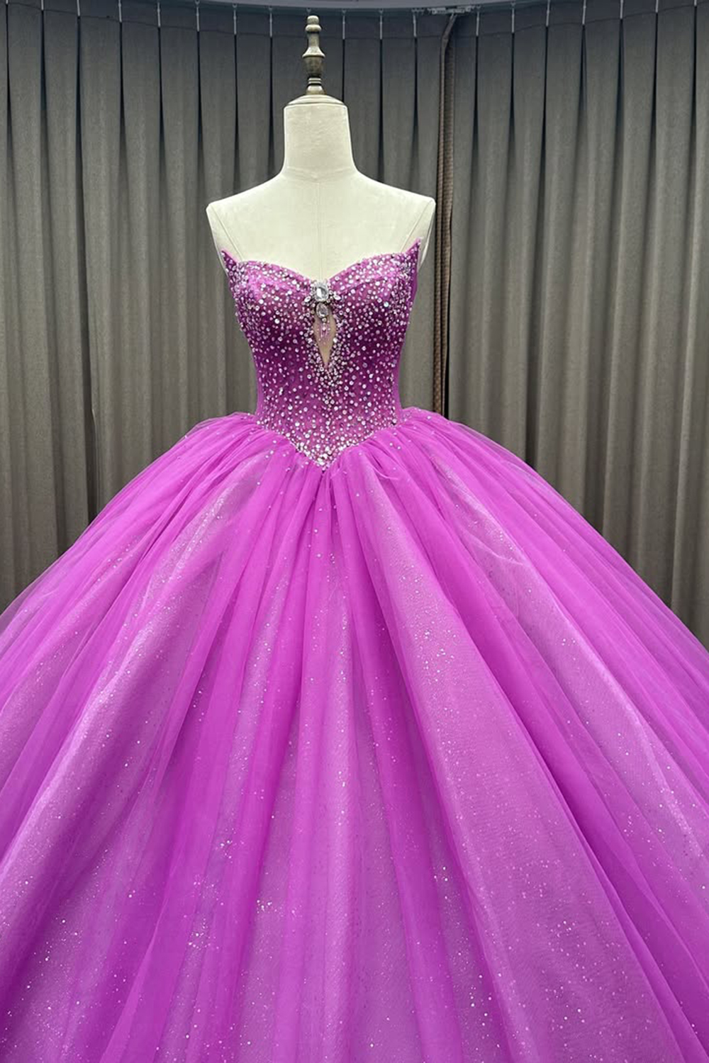 Beaded Fuchsia Tulle Quinceanera Dress with Sparkly Strapless Ball Gown