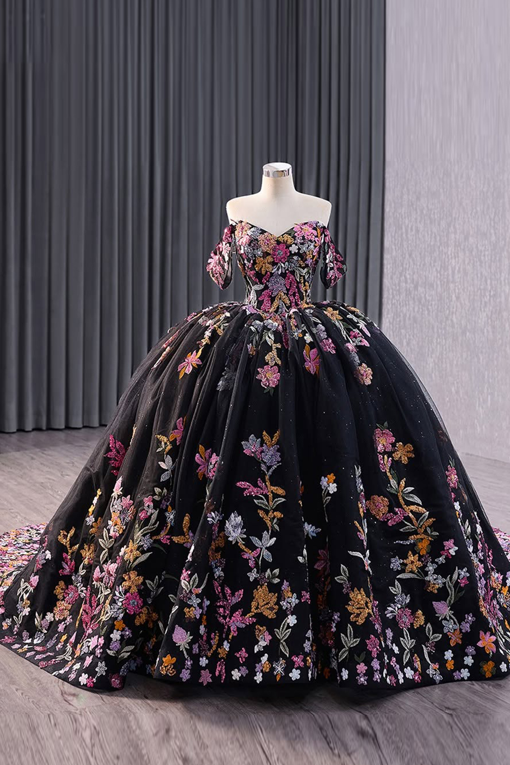 Princess Quinceanera Dress in Black with Off-the-Shoulder Sequin Applique and Embroidery