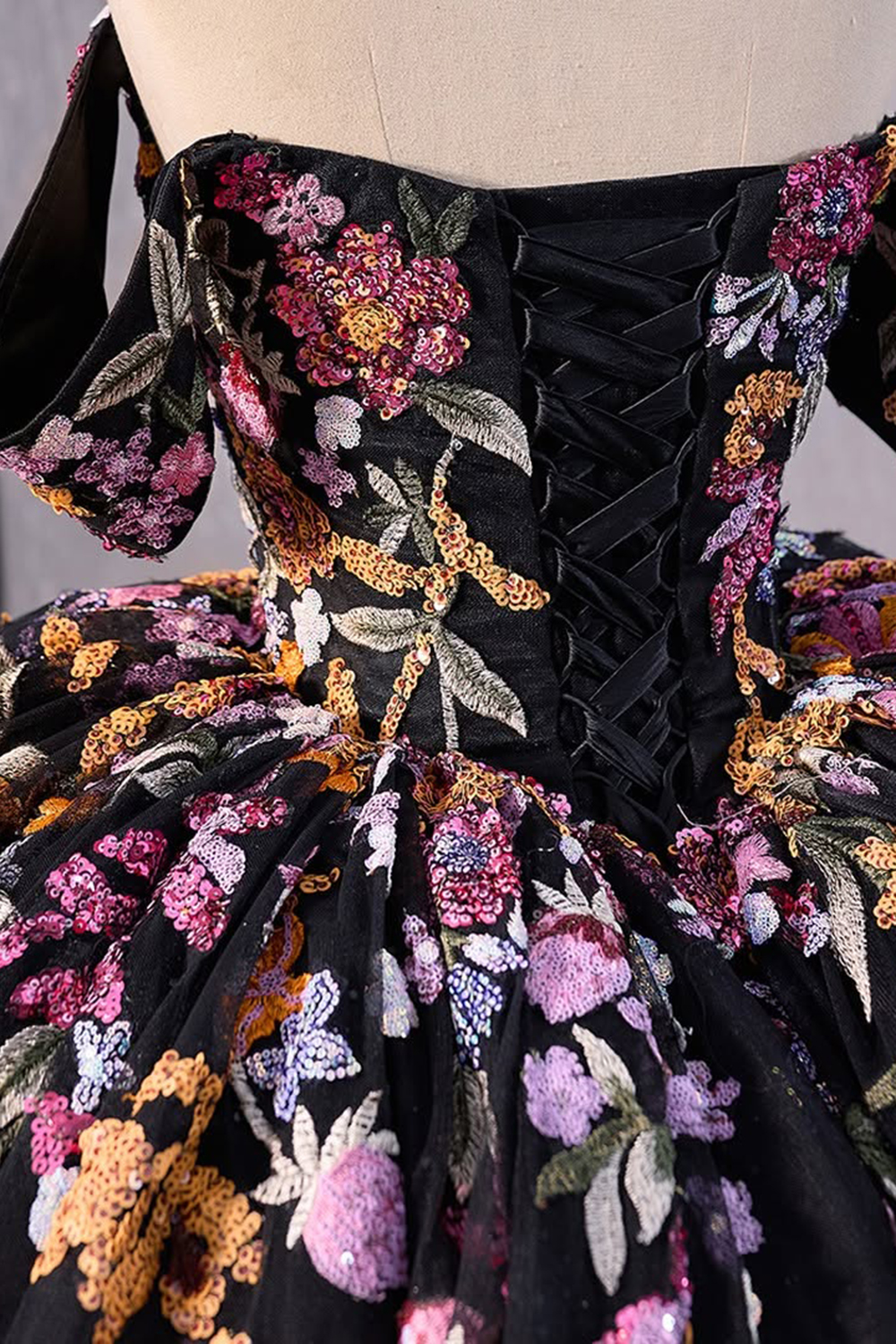 Princess Quinceanera Dress in Black with Off-the-Shoulder Sequin Applique and Embroidery