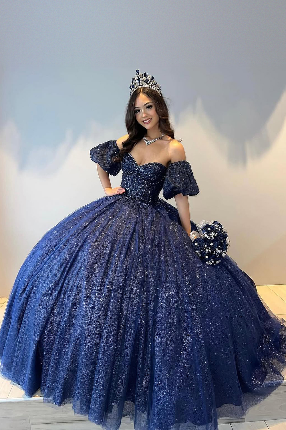 Navy Off-the-Shoulder Princess Ball Gown with Rhinestones and Tulle for Quinceanera