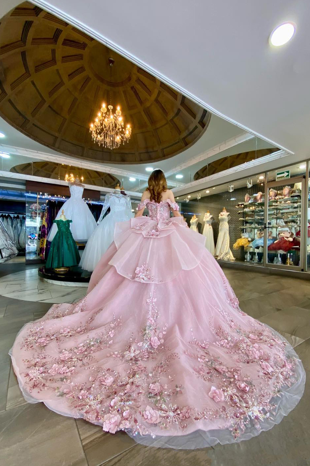 Off-the-Shoulder Ball Gown in Candy Pink with Floral Applique for Quinceanera