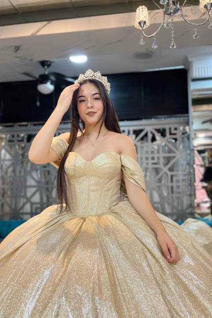 Golden Off-the-Shoulder Quinceanera Ball Gown with Sparkly Train