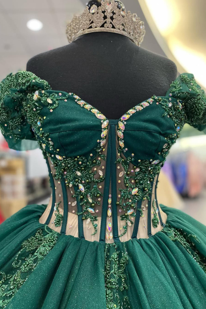 Off-the-Shoulder Pine Green Quinceanera Ball Gown with Tulle Applique