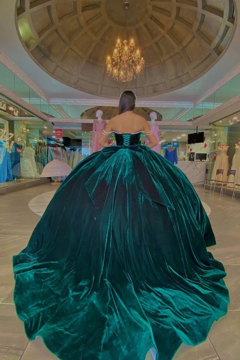 Off-the-Shoulder Velvet Quinceanera Gown in Peacock Green with a Bow