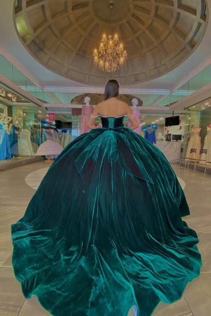 Off-the-Shoulder Velvet Quinceanera Gown in Peacock Green with a Bow