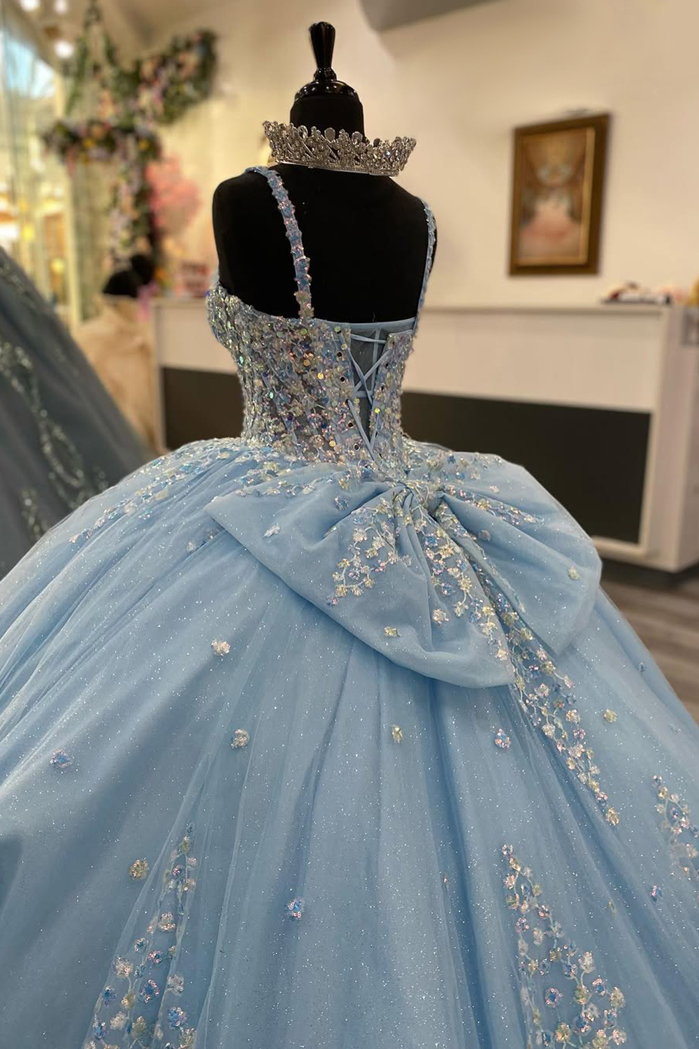 Princess Quinceanera Dress in Sparkly Sky Blue with Sequin Applique, Spaghetti Straps, and Tulle Bow