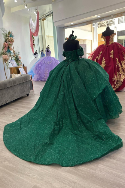 Off the Shoulder Pine Green Sparkly Ball Gown with Tulle Applique and Train for Quinceanera