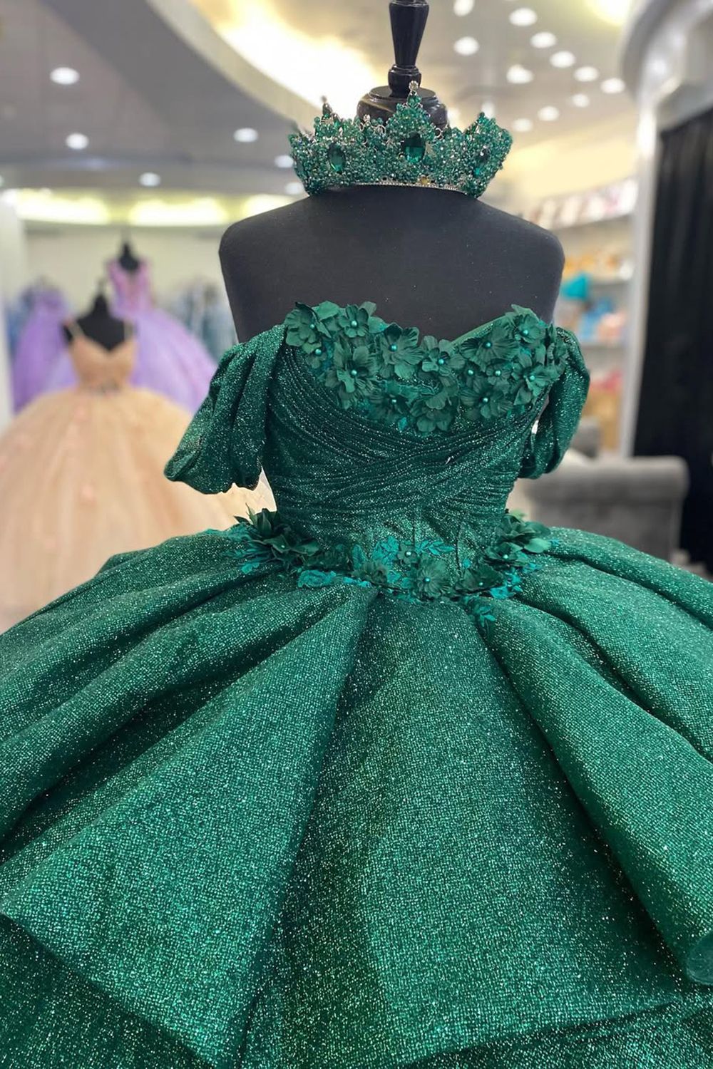 Off the Shoulder Pine Green Sparkly Ball Gown with Tulle Applique and Train for Quinceanera