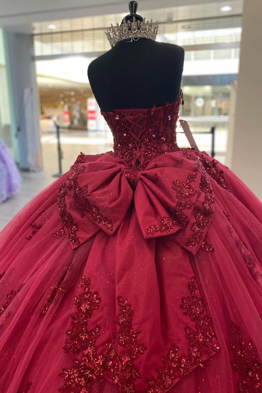 Sweetheart Ball Gown in Burgundy with Tulle Applique and Bow for Quinceanera