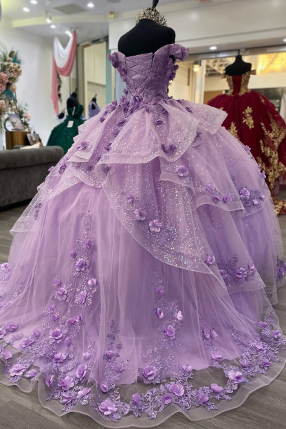 Off the Shoulder Lilac Ball Gown with Glitter Tulle Applique for Quinceanera