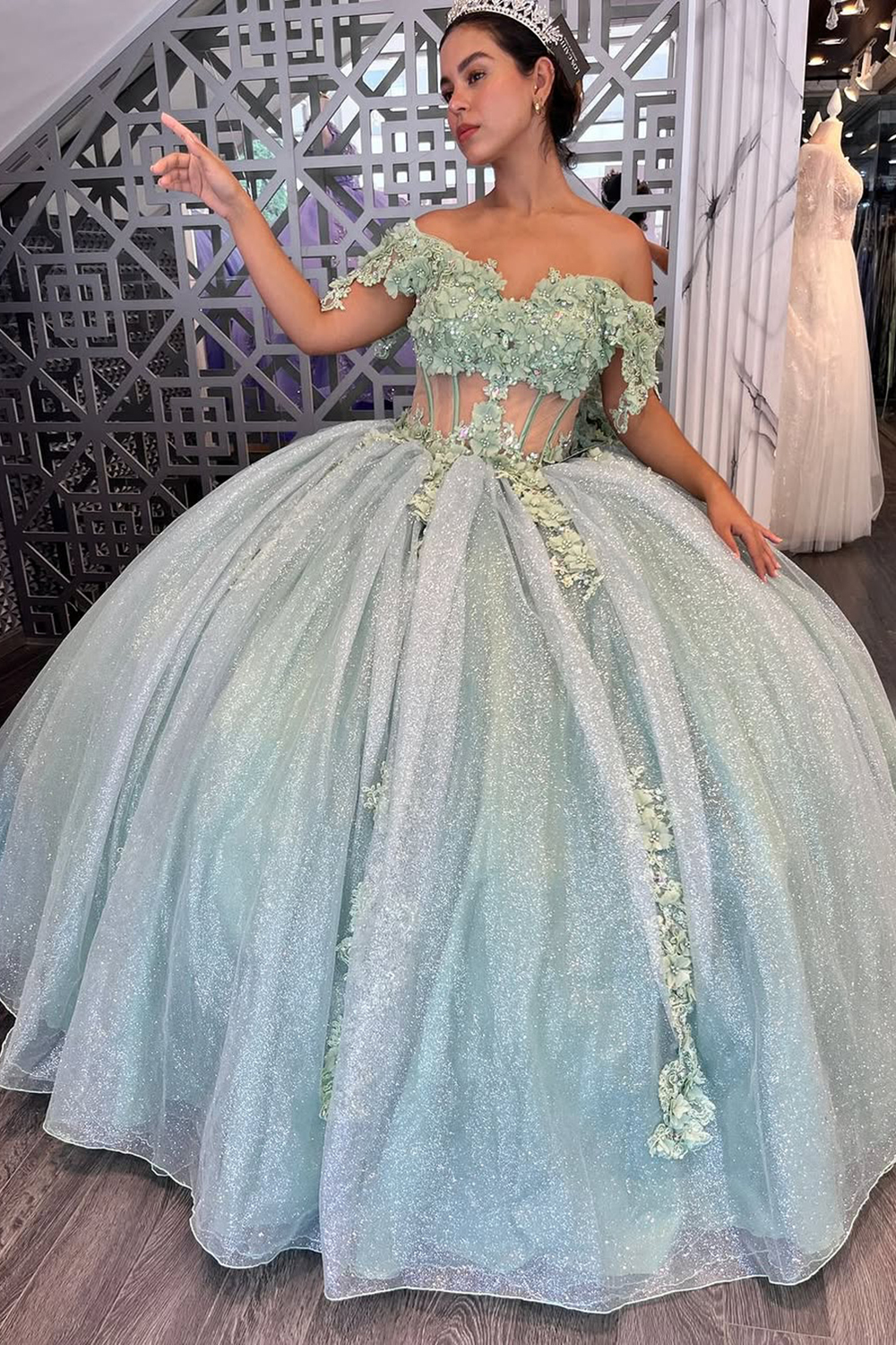 Off the Shoulder Sparkly Ball Gown in Dusty Sage with Bow Applique for Quinceanera
