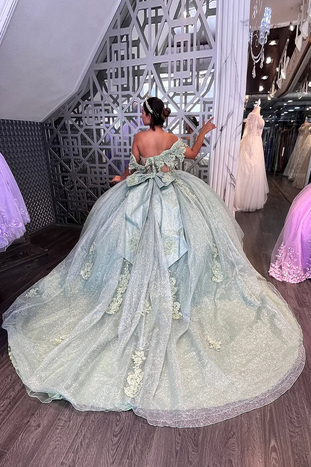 Off the Shoulder Sparkly Ball Gown in Dusty Sage with Bow Applique for Quinceanera