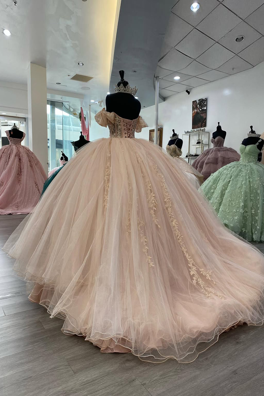 Off-the-Shoulder Quinceanera Ball Gown in Blush Pink Tulle with Appliques