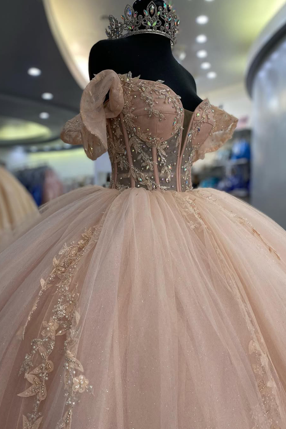 Off-the-Shoulder Quinceanera Ball Gown in Blush Pink Tulle with Appliques