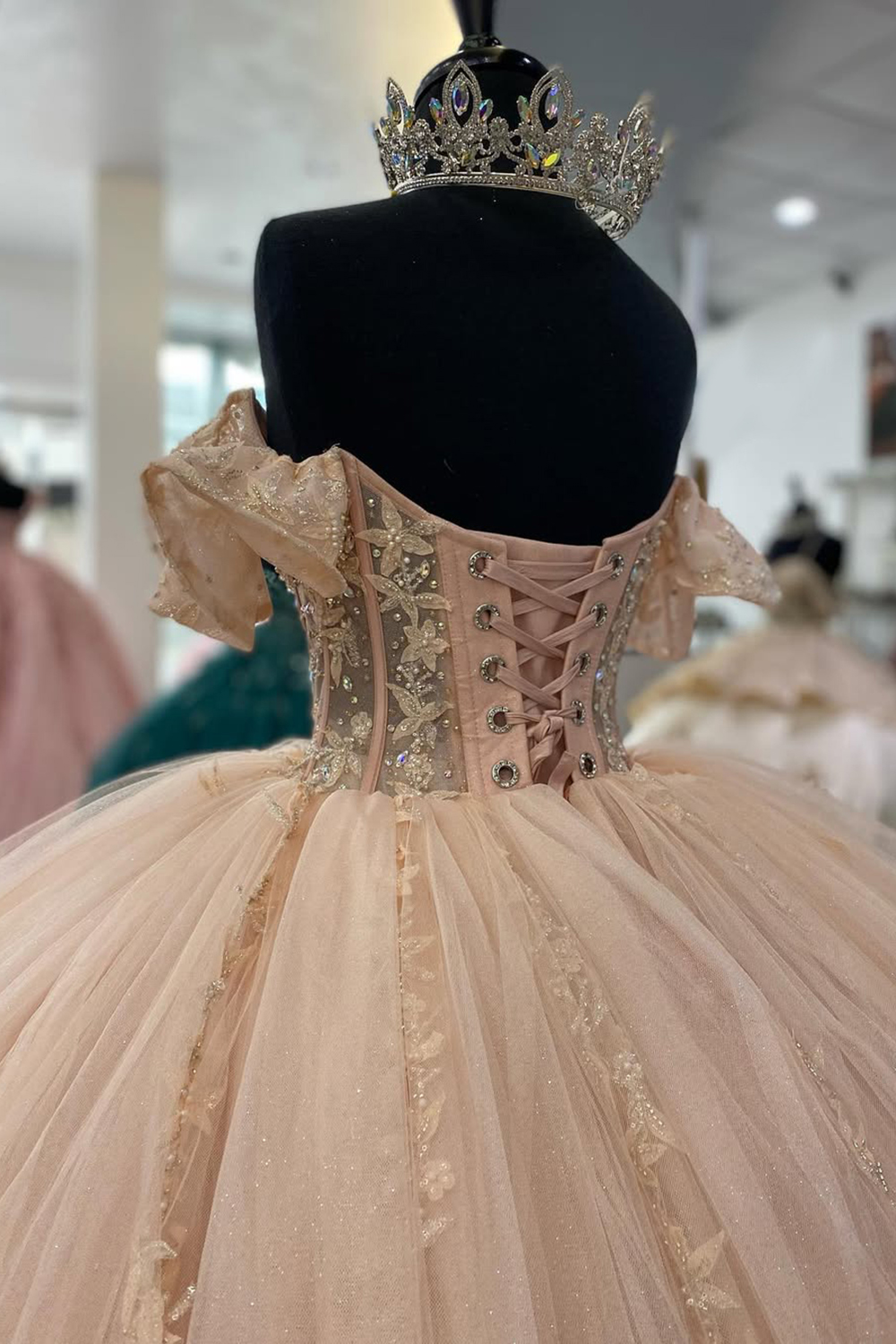 Off-the-Shoulder Quinceanera Ball Gown in Blush Pink Tulle with Appliques