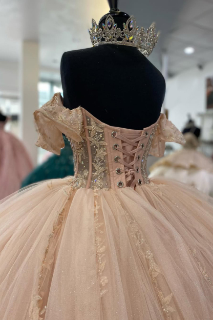 Off-the-Shoulder Quinceanera Ball Gown in Blush Pink Tulle with Appliques