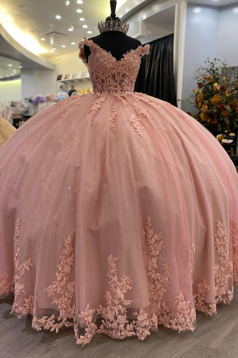 Princess Quinceanera Dress with Sparkly Blush Pink Spaghetti Straps and Sequin Applique