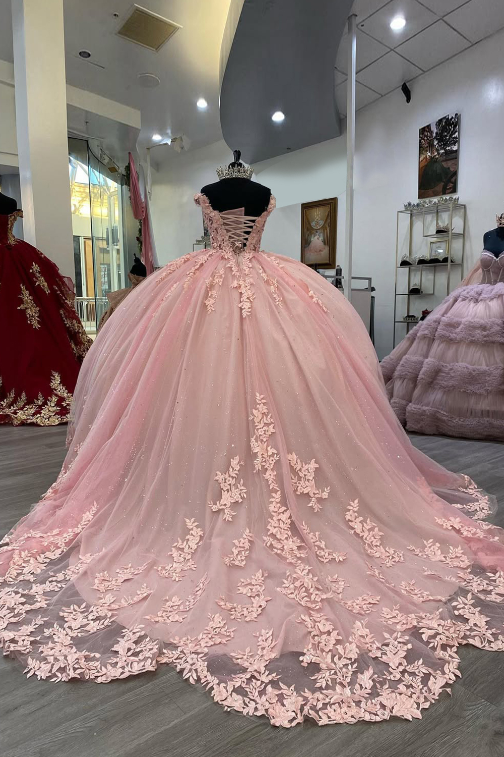 Princess Quinceanera Dress with Sparkly Blush Pink Spaghetti Straps and Sequin Applique