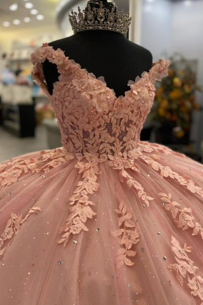 Princess Quinceanera Dress with Sparkly Blush Pink Spaghetti Straps and Sequin Applique