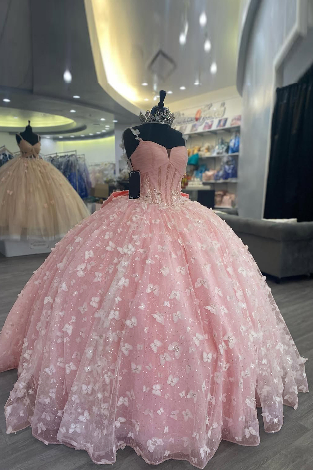 Quinceanera Dress in Blush Pink with Spaghetti Straps, Tulle Applique, and Bow