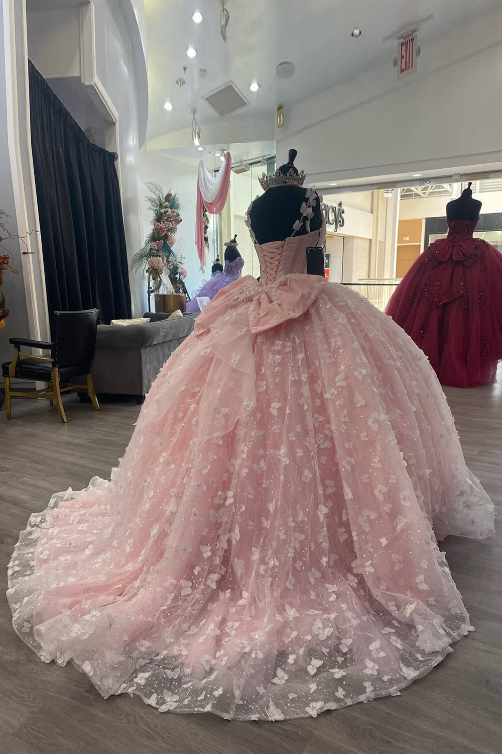 Quinceanera Dress in Blush Pink with Spaghetti Straps, Tulle Applique, and Bow