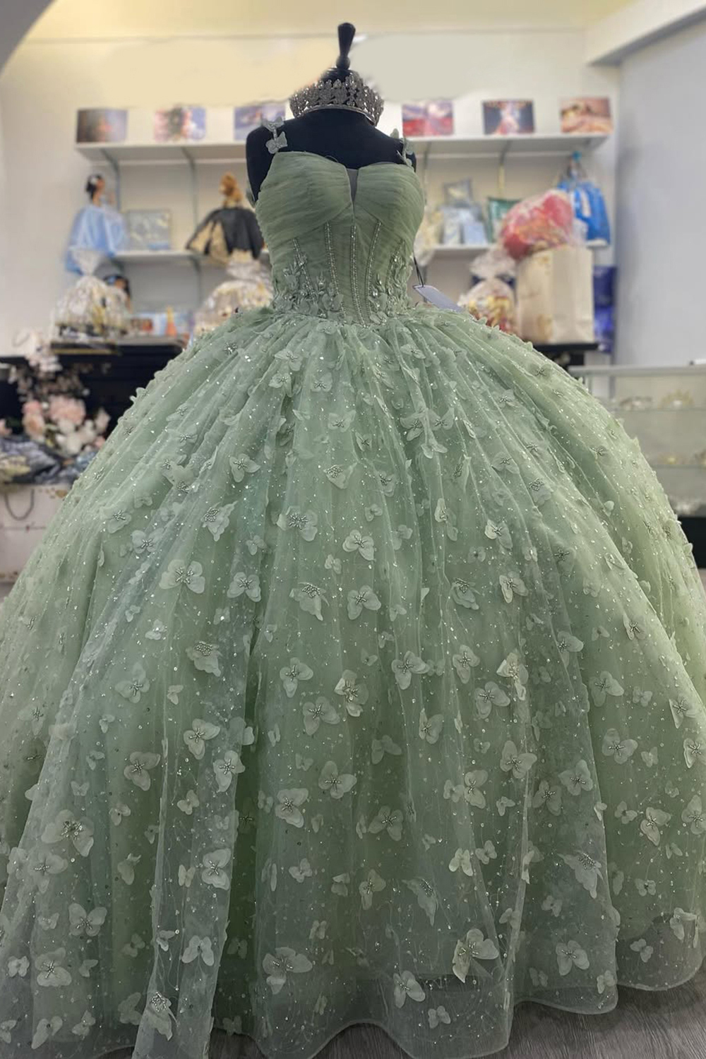 Quinceanera Dress in Blush Pink with Spaghetti Straps, Tulle Applique, and Bow