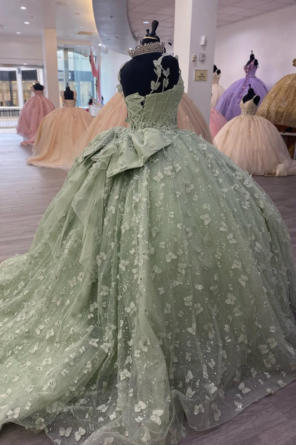 Quinceanera Dress in Blush Pink with Spaghetti Straps, Tulle Applique, and Bow