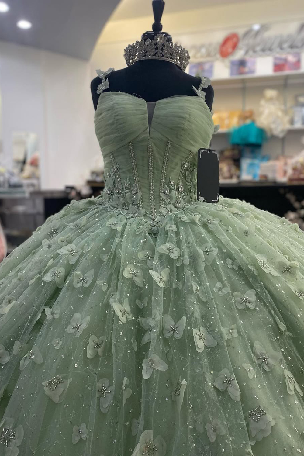 Quinceanera Dress in Blush Pink with Spaghetti Straps, Tulle Applique, and Bow