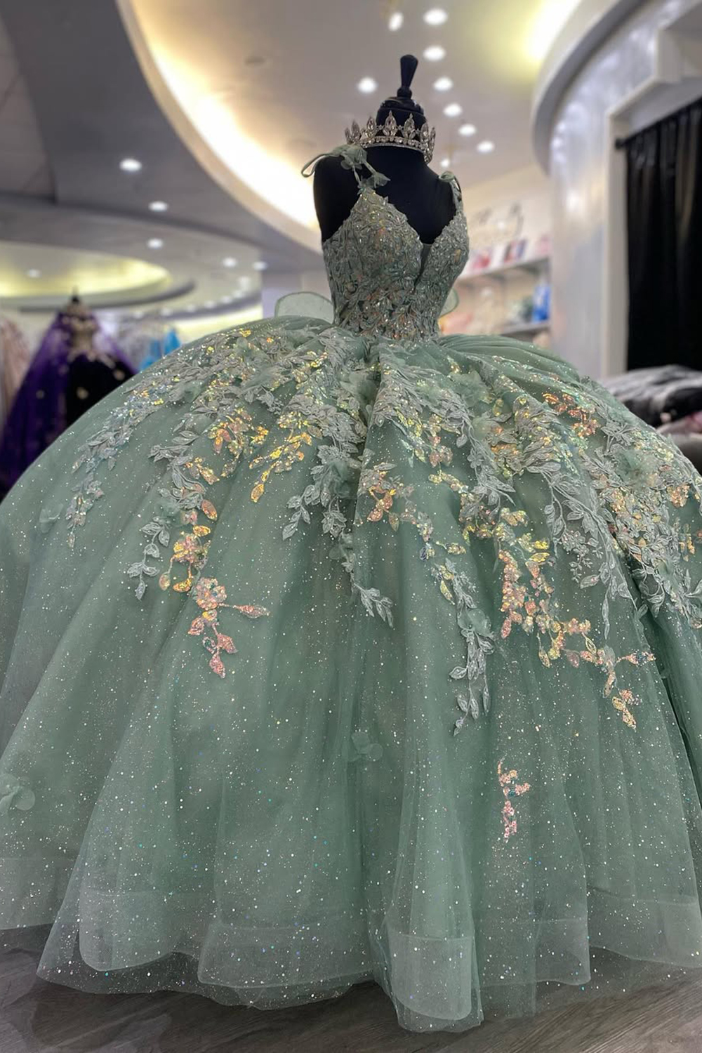 Dusty Sage Ball Gown with Sparkly Spaghetti Straps and Tulle Appliques for Quinceanera