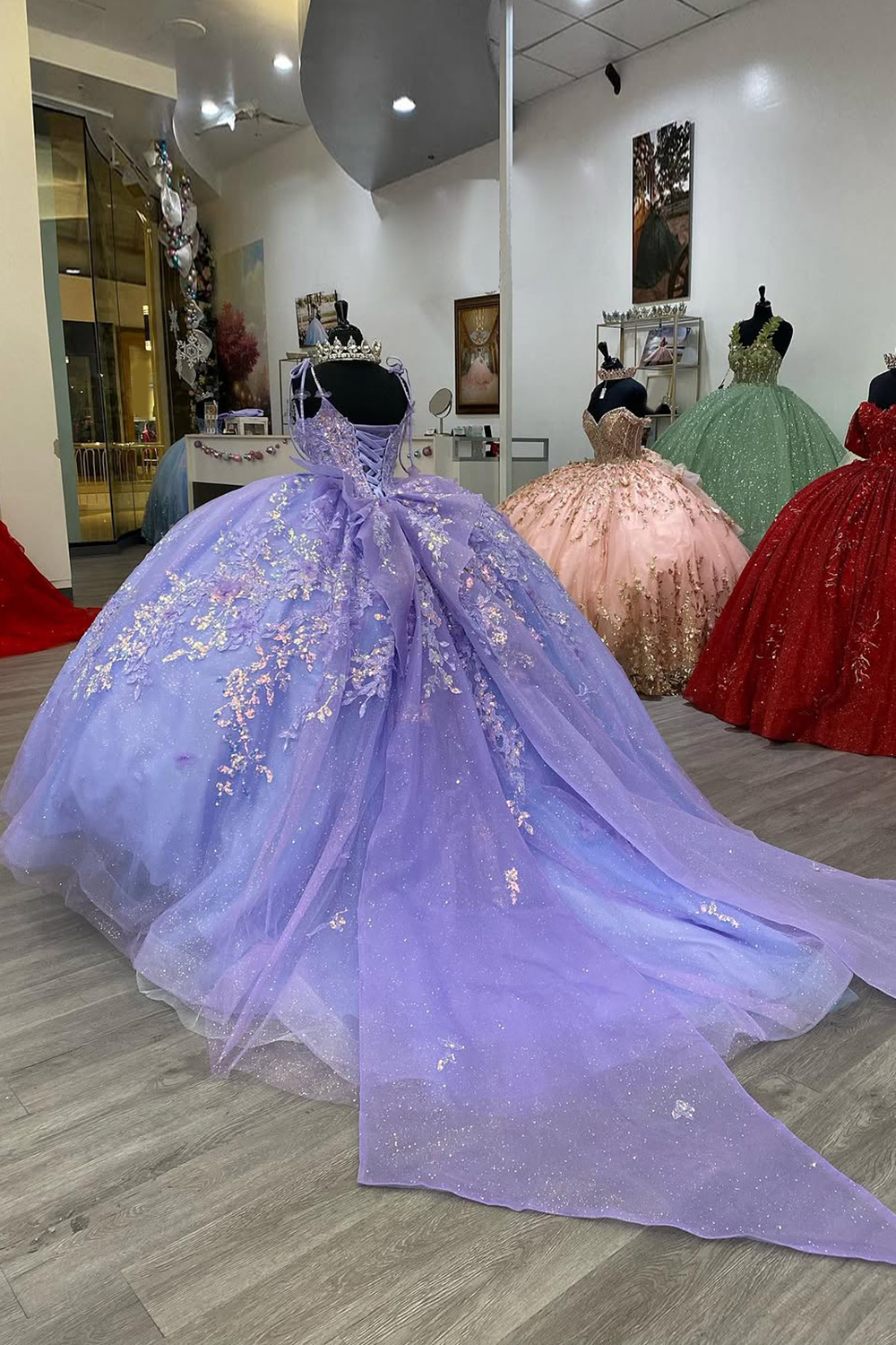 Dusty Sage Ball Gown with Sparkly Spaghetti Straps and Tulle Appliques for Quinceanera