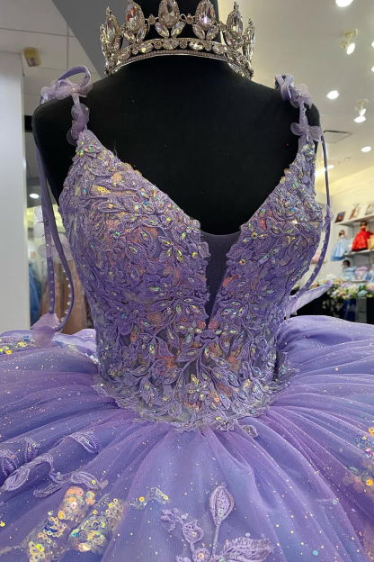 Dusty Sage Ball Gown with Sparkly Spaghetti Straps and Tulle Appliques for Quinceanera