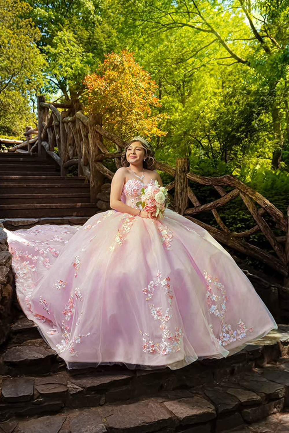 Sweetheart Ball Gown in Blush Tulle with Flower Appliques for Quinceanera