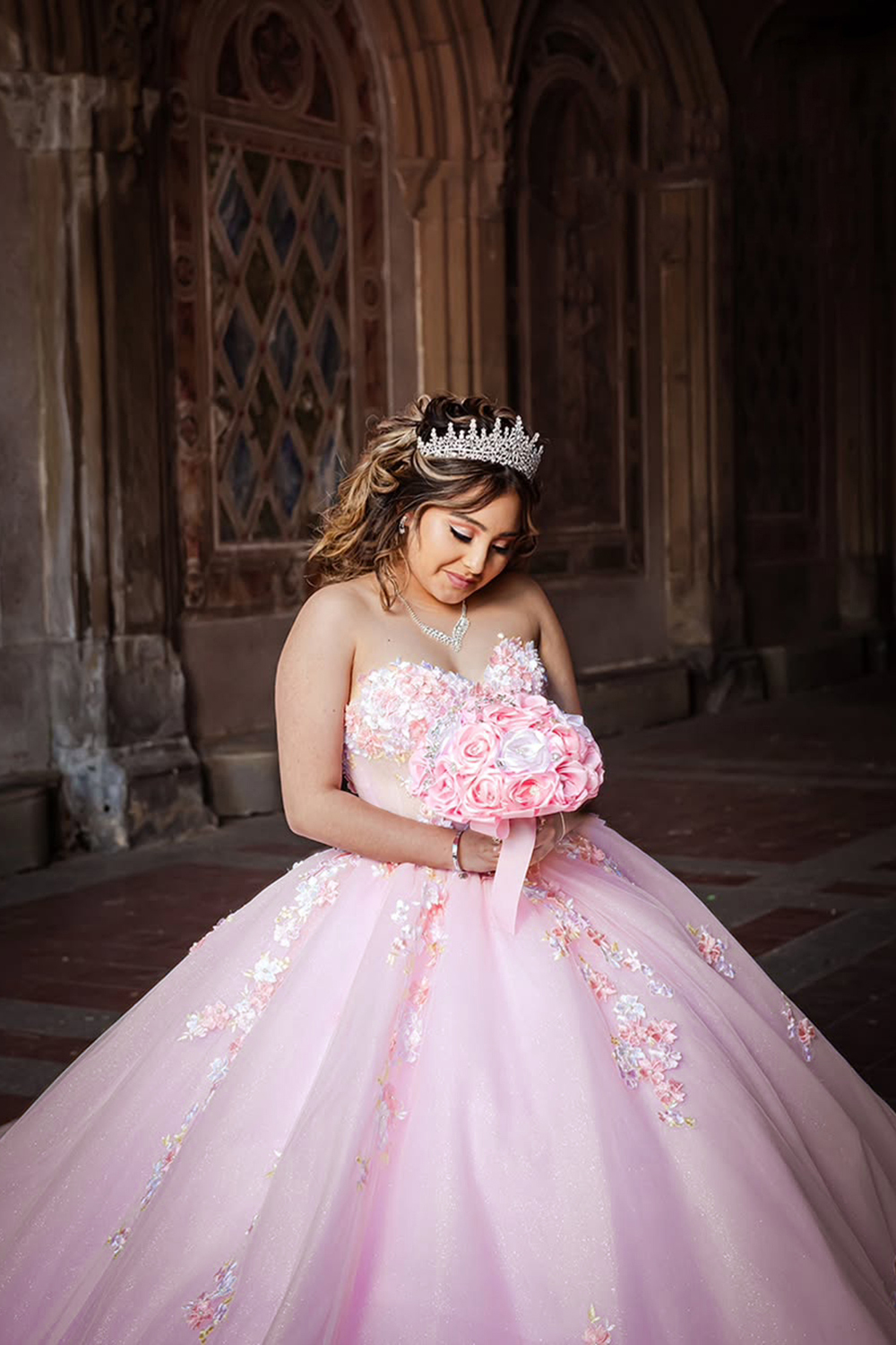 Sweetheart Ball Gown in Blush Tulle with Flower Appliques for Quinceanera