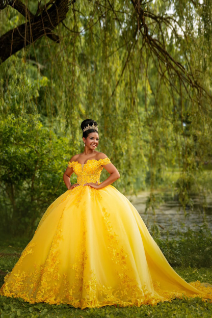 Quinceanera Ball Gown in Yellow with Off-Shoulder Tulle and Appliques