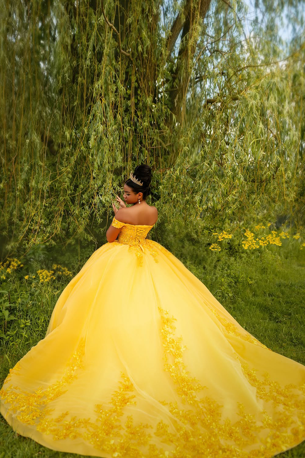 Quinceanera Ball Gown in Yellow with Off-Shoulder Tulle and Appliques